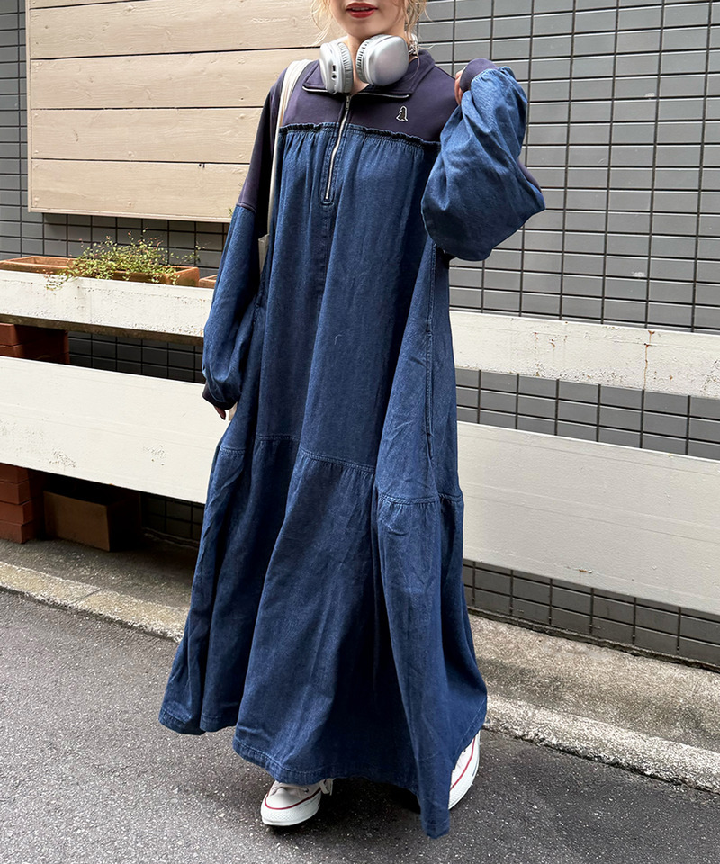 【m:rex】ミニ恐竜ワッペンデニムドッキングワンピース 詳細画像 デニムブルー 7