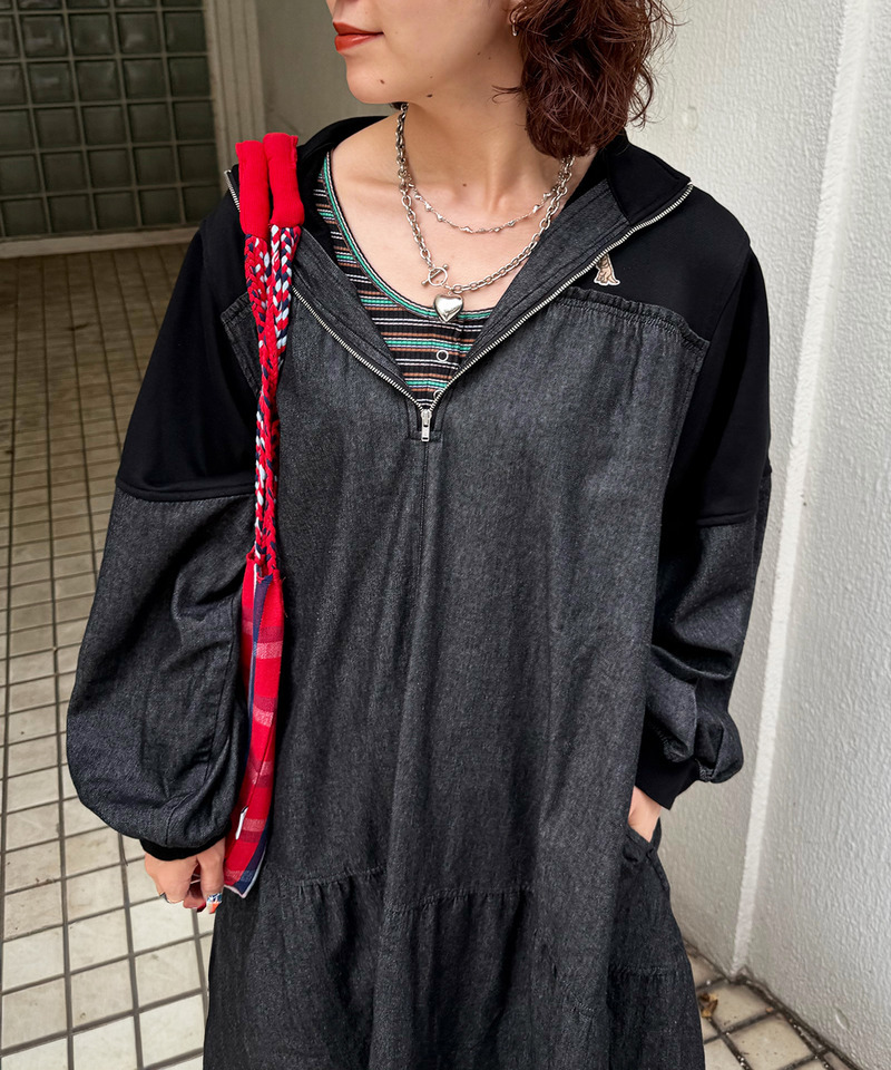 【m:rex】ミニ恐竜ワッペンデニムドッキングワンピース 詳細画像 ブラックデニム 2