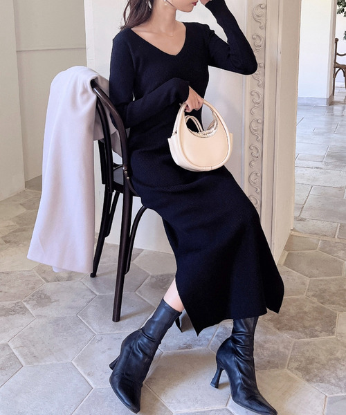 Vネックタイトリブワンピース 詳細画像