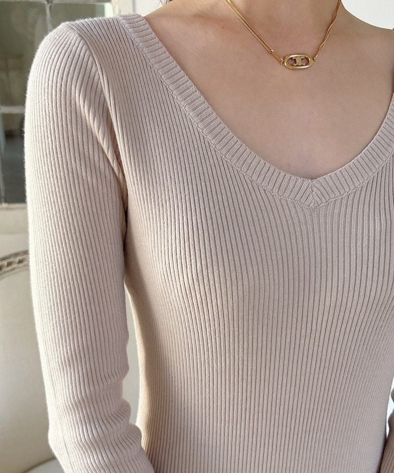 Vネックタイトリブワンピース 詳細画像 ベージュ 4