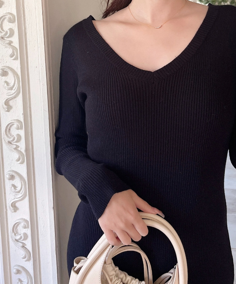 Vネックタイトリブワンピース 詳細画像 ブラック 4