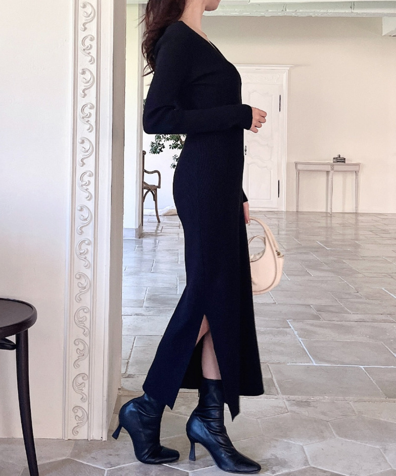 Vネックタイトリブワンピース 詳細画像 ブラック 8