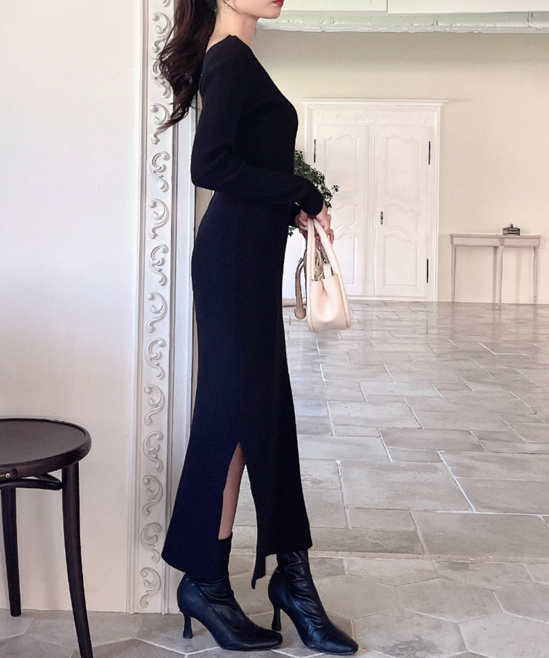 Vネックタイトリブワンピース 詳細画像 ブラック 9