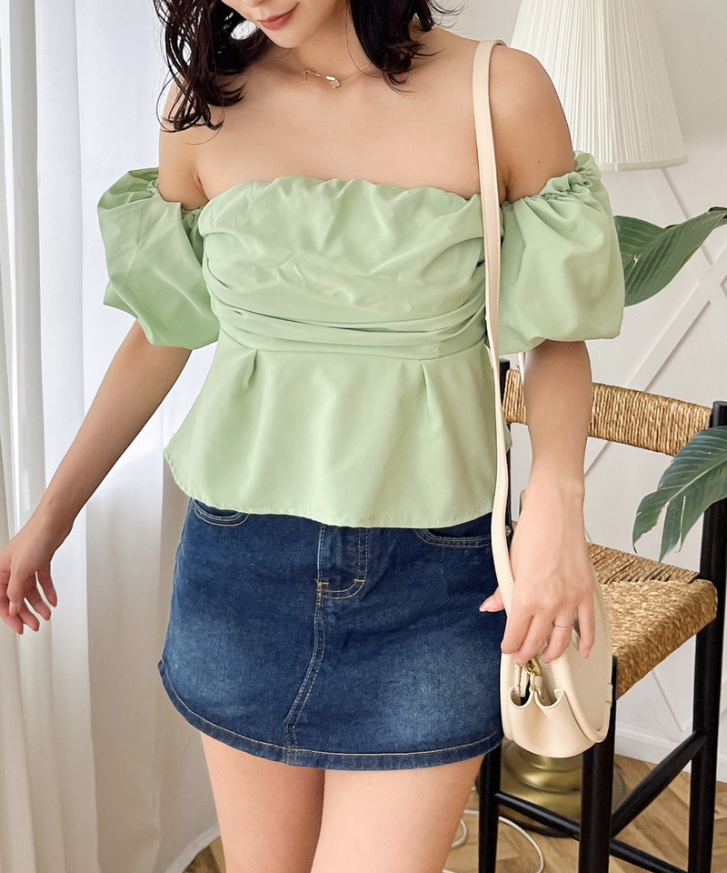 パフスリーブペプラムブラウス 詳細画像 グリーン 1