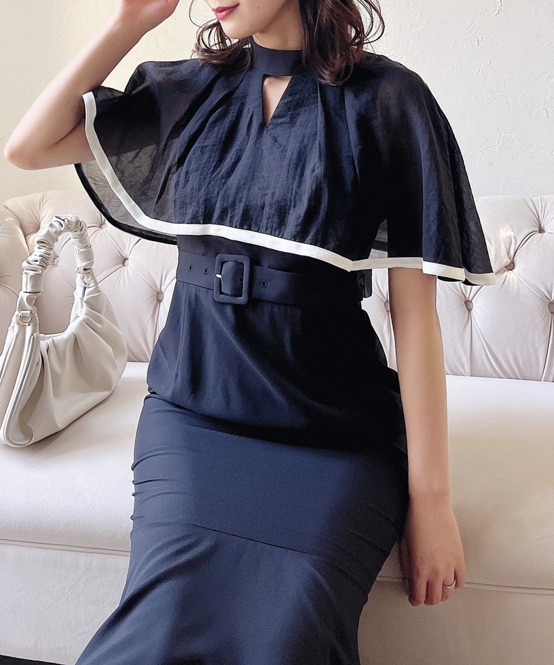 ケープ配色マーメイドワンピース 詳細画像 ブラック 2