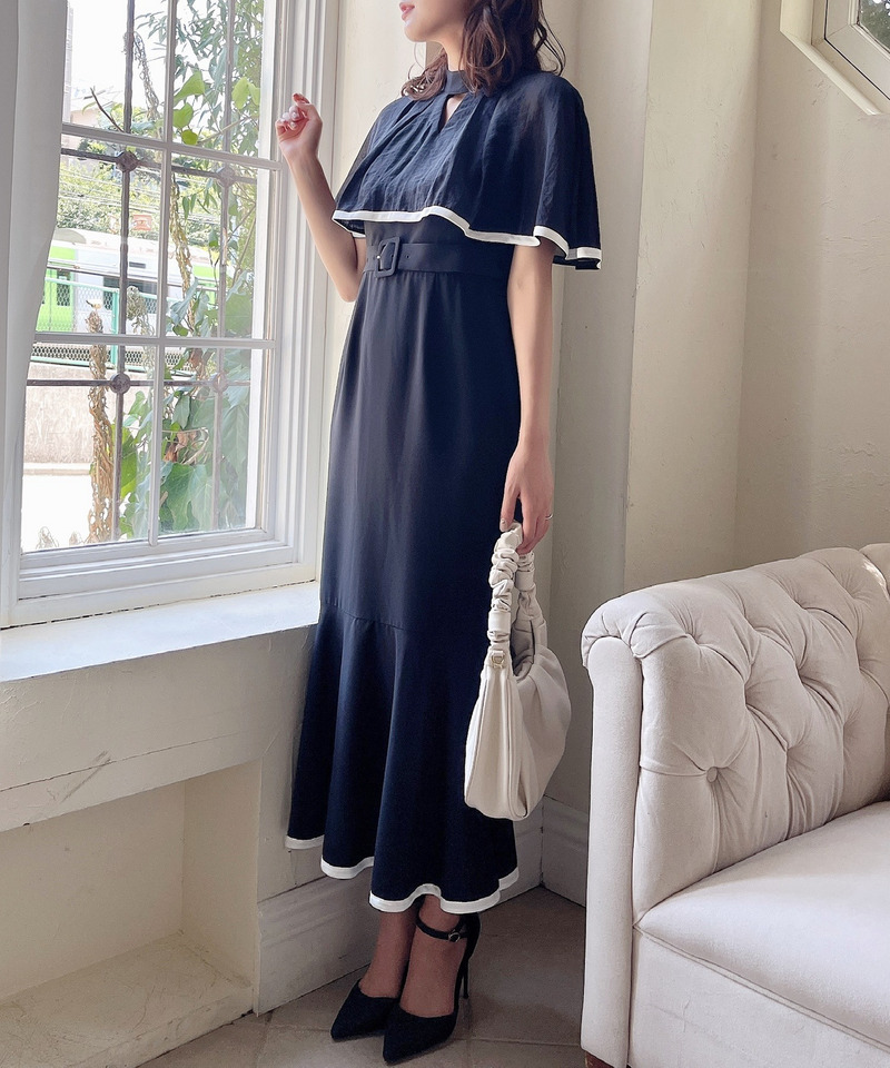 ケープ配色マーメイドワンピース 詳細画像 ブラック 4