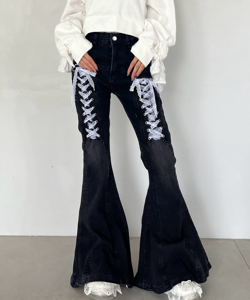 レースアップオーバーフレアデニム 詳細画像 ブラック 1