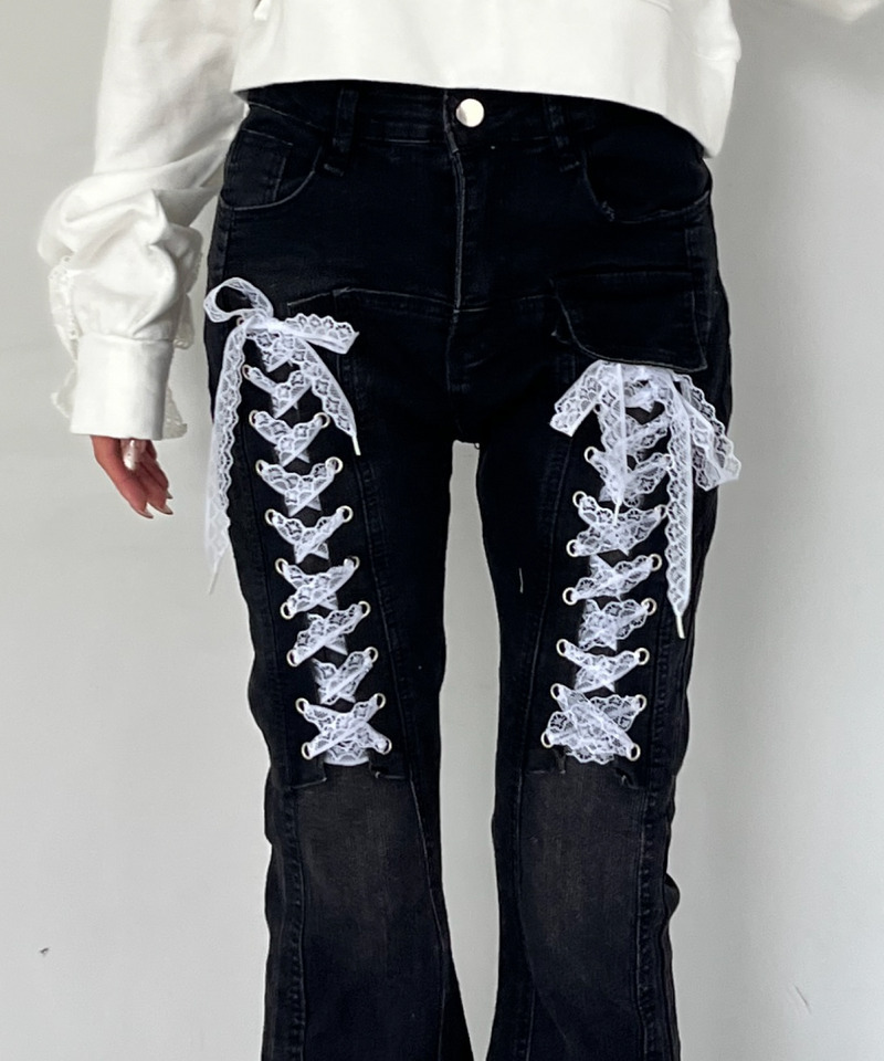 レースアップオーバーフレアデニム 詳細画像 ブラック 2