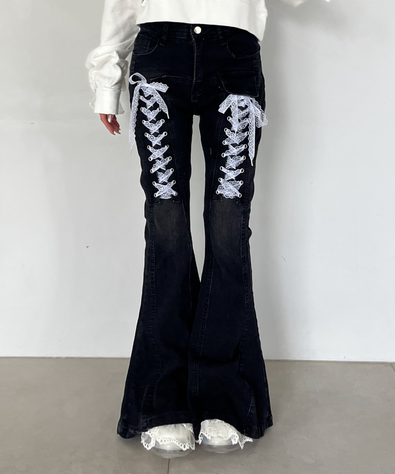 レースアップオーバーフレアデニム 詳細画像 ブラック 3