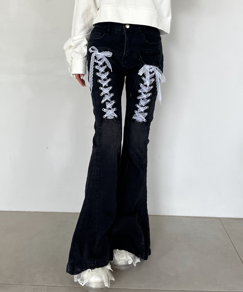 レースアップオーバーフレアデニム 詳細画像 ブラック 4