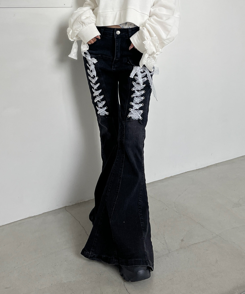 レースアップオーバーフレアデニム 詳細画像 ブラック 5