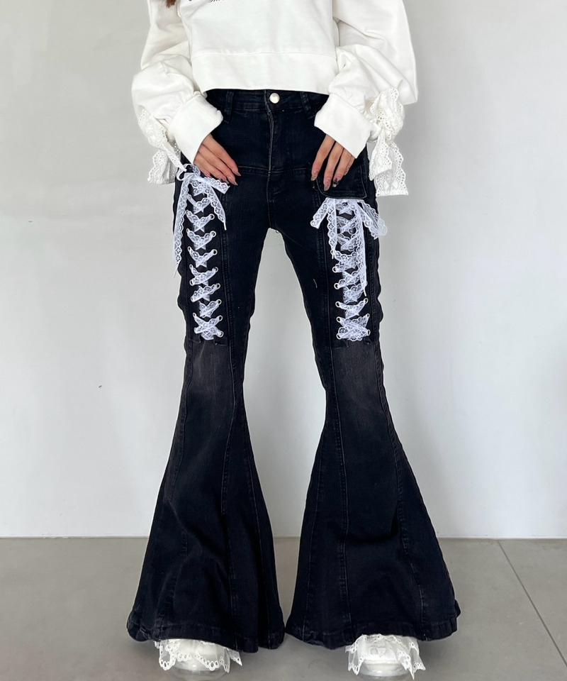 レースアップオーバーフレアデニム 詳細画像 ブラック 6