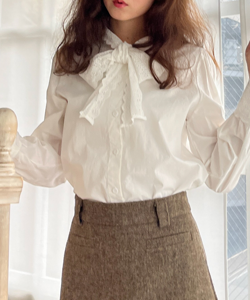 コットンレースリボンブラウス 詳細画像 OW 1