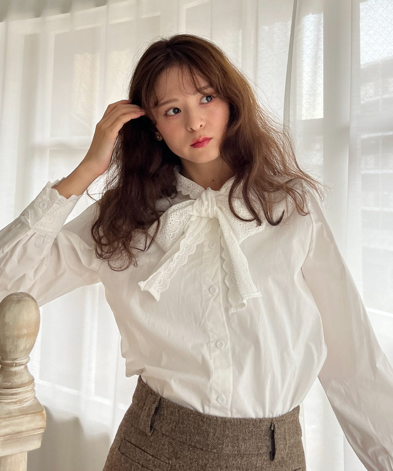 コットンレースリボンブラウス 詳細画像 OW 29