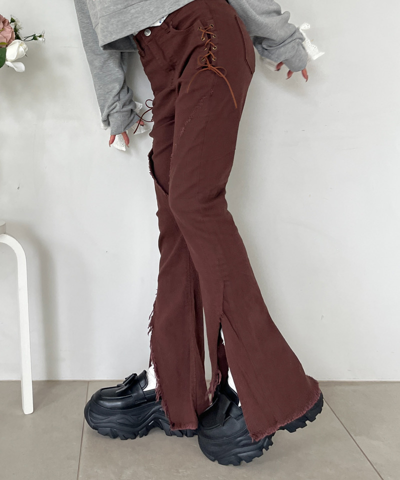 サイドレースアップフィットフレアデニム 詳細画像 ブラウン 4