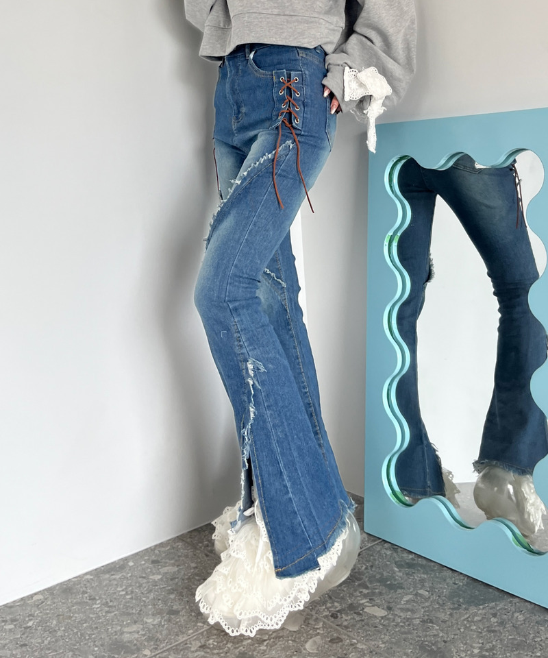 サイドレースアップフィットフレアデニム 詳細画像 ブルー 11