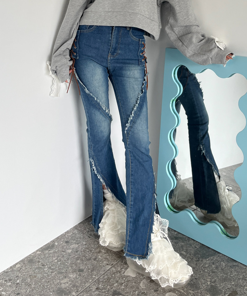 サイドレースアップフィットフレアデニム 詳細画像 ブルー 14