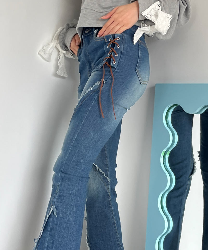 サイドレースアップフィットフレアデニム 詳細画像 ブルー 3