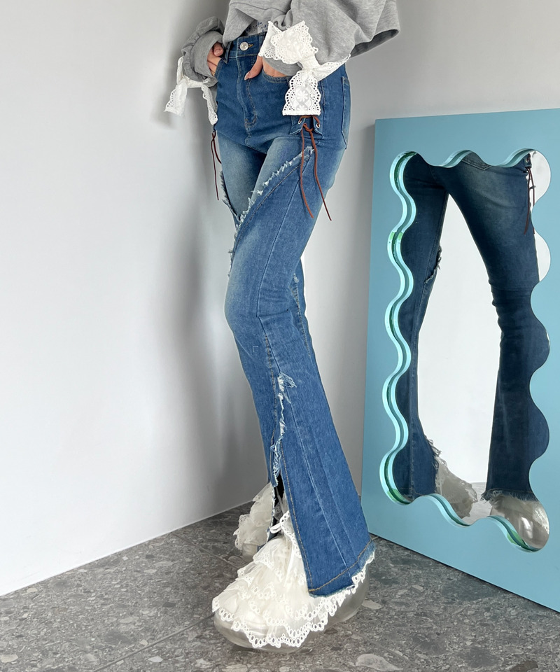 サイドレースアップフィットフレアデニム 詳細画像 ブルー 7