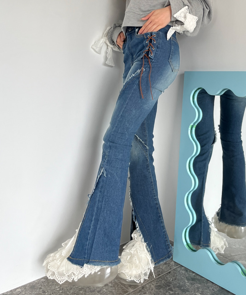 サイドレースアップフィットフレアデニム 詳細画像 ブルー 9