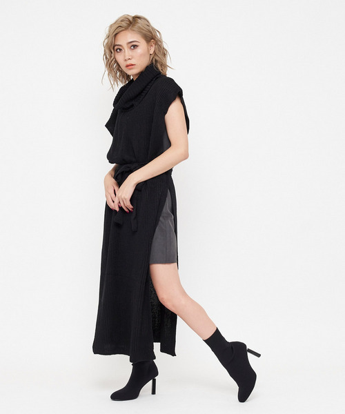 フレンチスリーブスリットニットワンピース 詳細画像