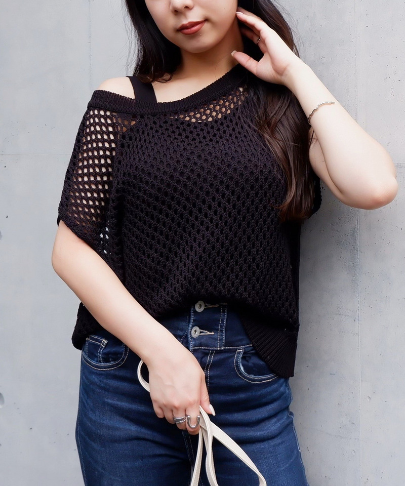 透かし編みアシメショルダーレイヤードニット 詳細画像 ブラック 1