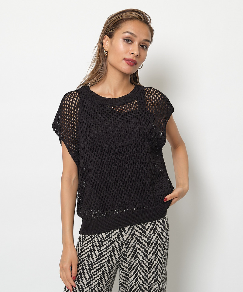 透かし編みアシメショルダーレイヤードニット 詳細画像 ブラック 2