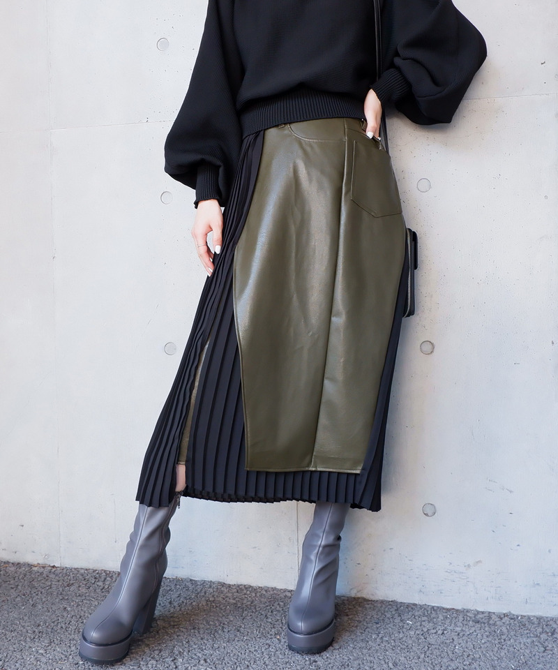 サイドプリーツアシメロングスカート 詳細画像 カーキ 2