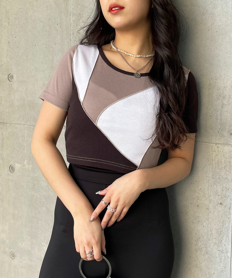 ミックスパターンリブトップス 詳細画像 ベージュ系 1