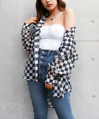 チェッカー柄シースルーオーバーシャツ