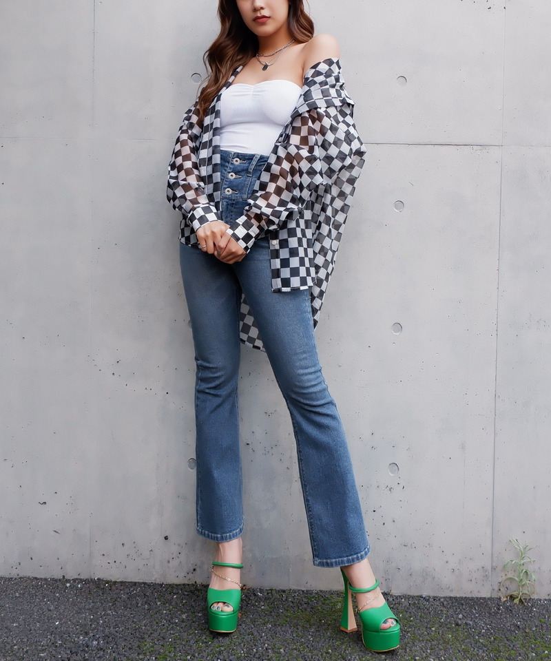 チェッカー柄シースルーオーバーシャツ 詳細画像 ブラック系 2