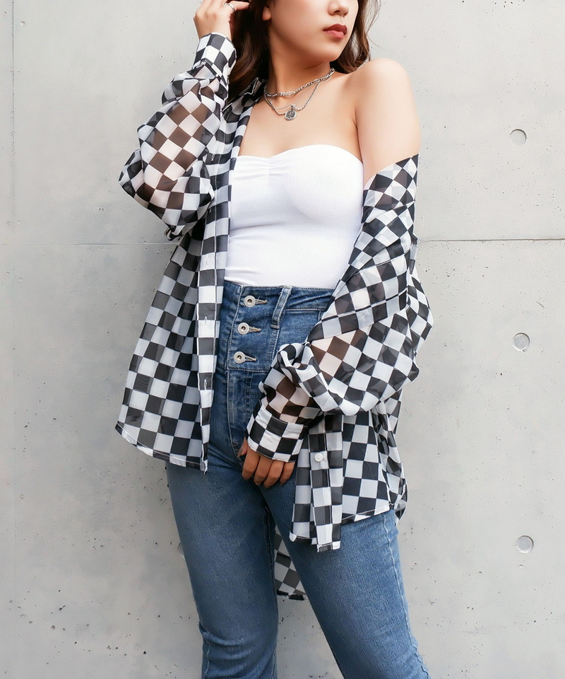 チェッカー柄シースルーオーバーシャツ 詳細画像 ブラック系 3