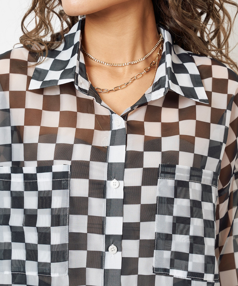 チェッカー柄シースルーオーバーシャツ 詳細画像 ブラック系 8