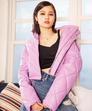 レザーライクキルティング中綿ショートジャケット 