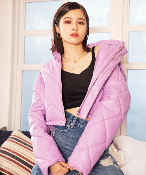 レザーライクキルティング中綿ショートジャケット  詳細画像