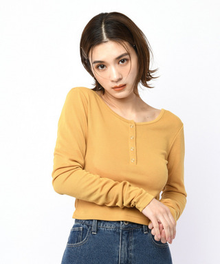 バックオープンヘンリーネックリブトップス