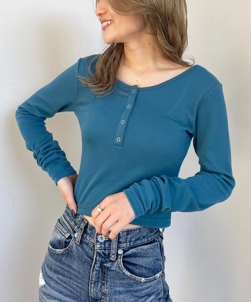 バックオープンヘンリーネックリブトップス 詳細画像