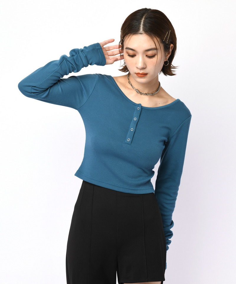 バックオープンヘンリーネックリブトップス 詳細画像 ブルー 4