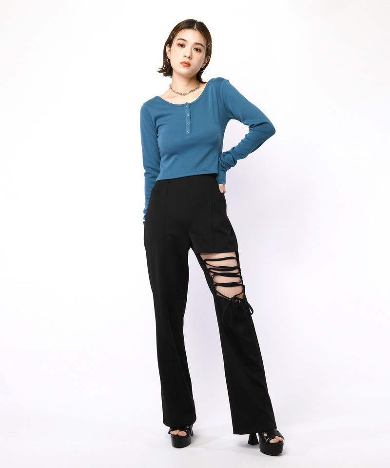 バックオープンヘンリーネックリブトップス 詳細画像 ブルー 5