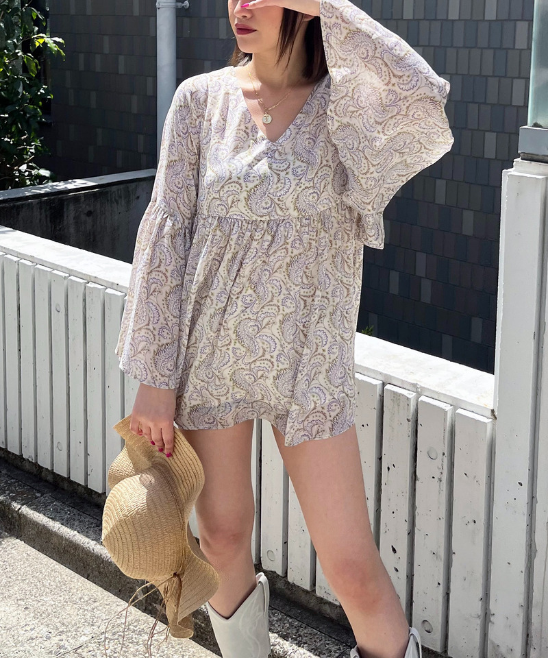 ペイズリー柄ラメストライプフレアブラウス 詳細画像 オフホワイト系 1