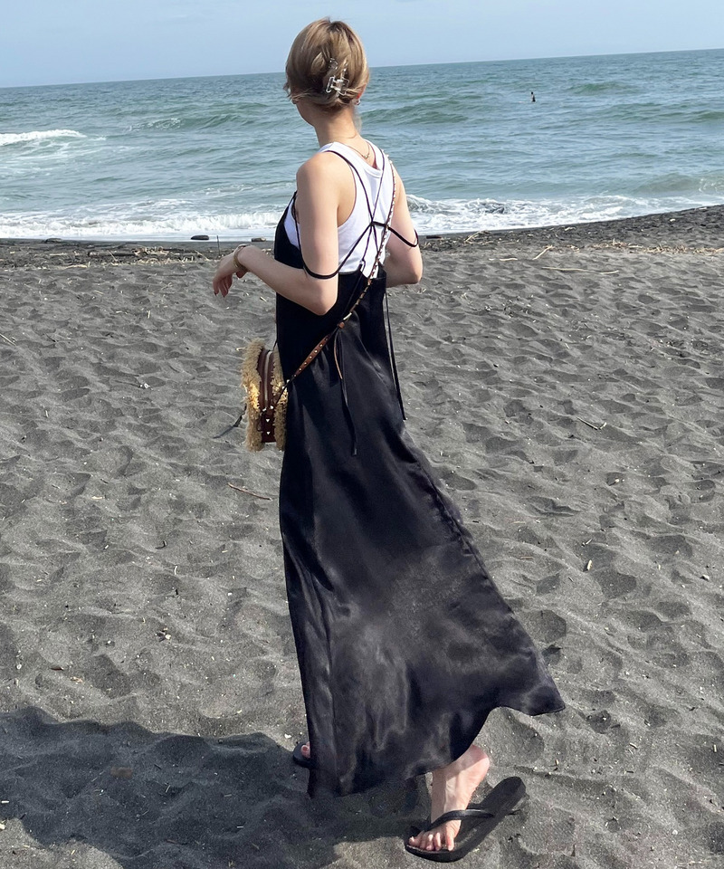 ヴィンテージサテンストラップマキシキャミワンピース 詳細画像 ブラック 2