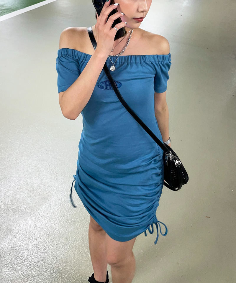 オフショルギャザータイトワンピース 詳細画像 ブルー 1