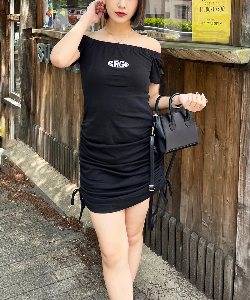 オフショルギャザータイトワンピース 詳細画像 ブラック 2