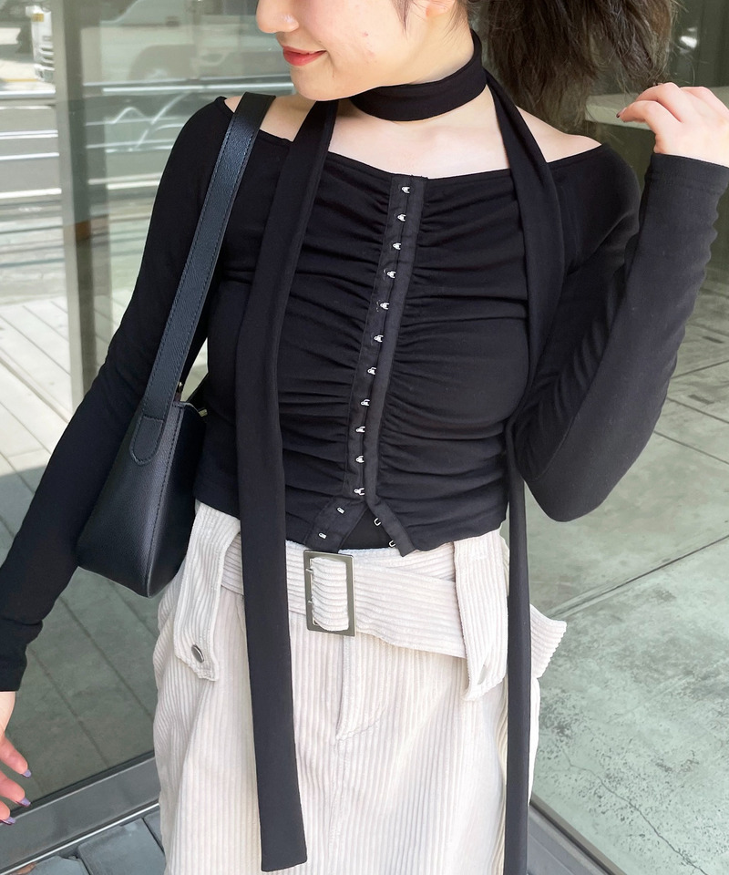 スカーフ付きコルセットホックデザイントップス 詳細画像 ブラック 1