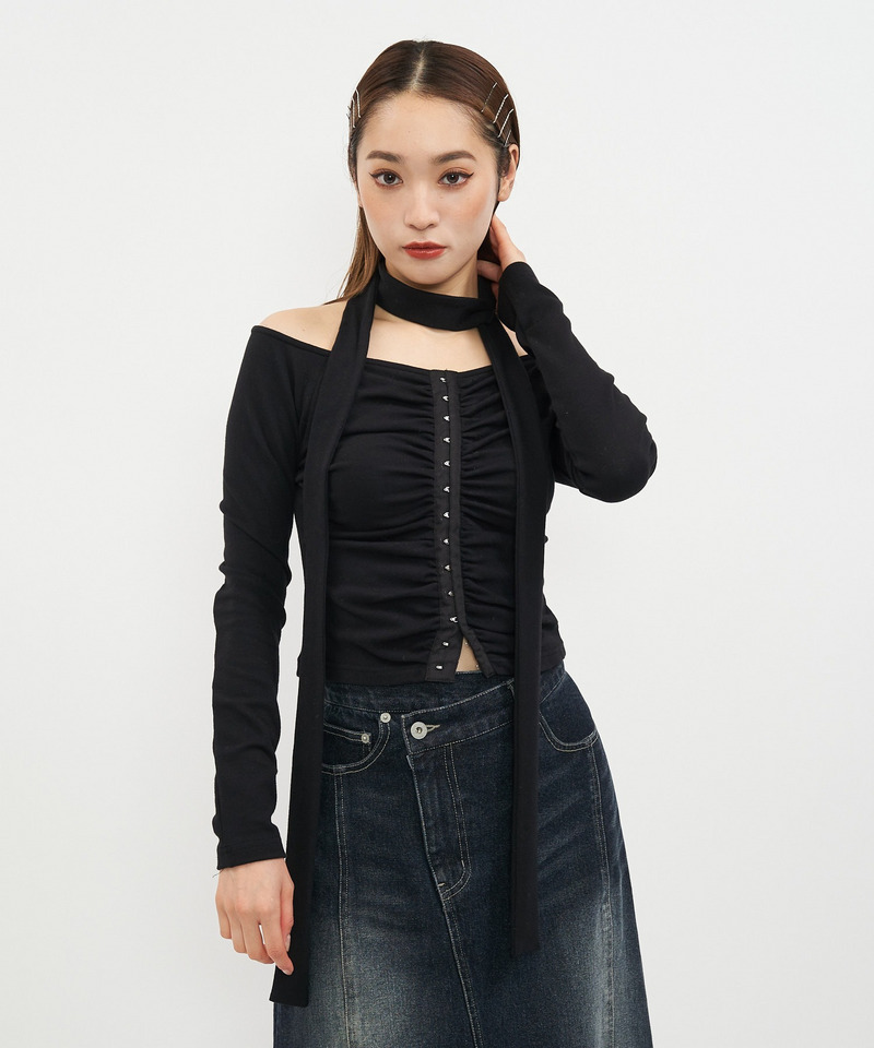 スカーフ付きコルセットホックデザイントップス 詳細画像 ブラック 5