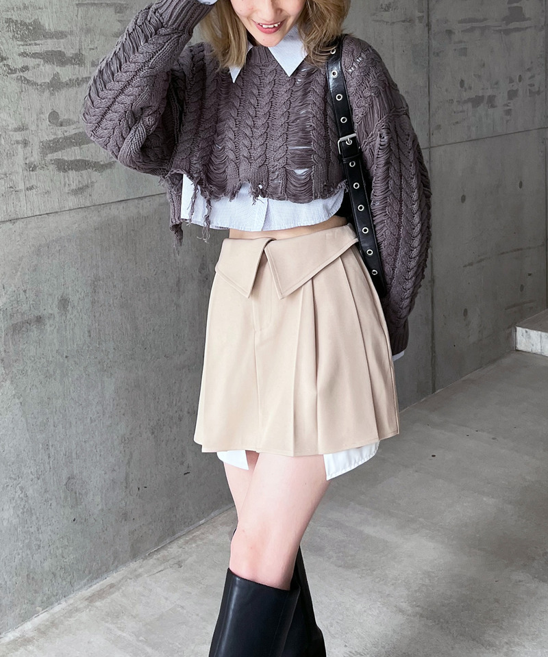 ウエスト折り返しプリーツミニスカート 詳細画像 ベージュ 2