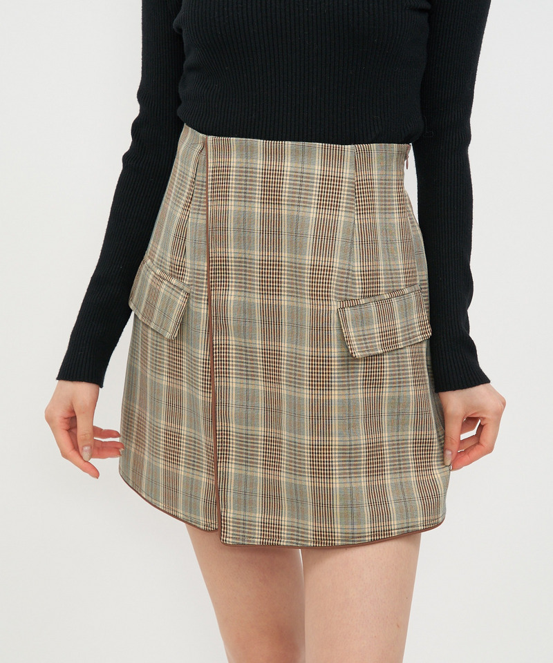 チェック柄ラップ風パイピングスカート 詳細画像 ベージュ系 1