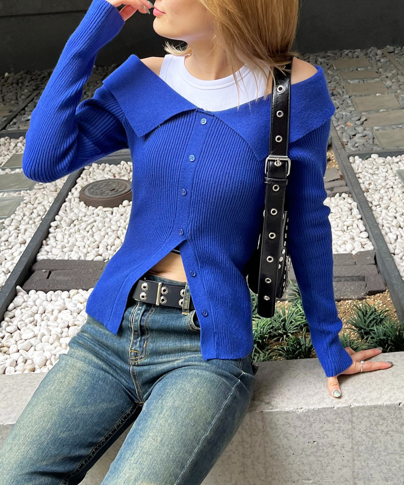 オフショルスリットヘムニットトップス 詳細画像 ブルー 4