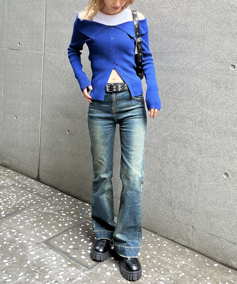 オフショルスリットヘムニットトップス 詳細画像 ブルー 5