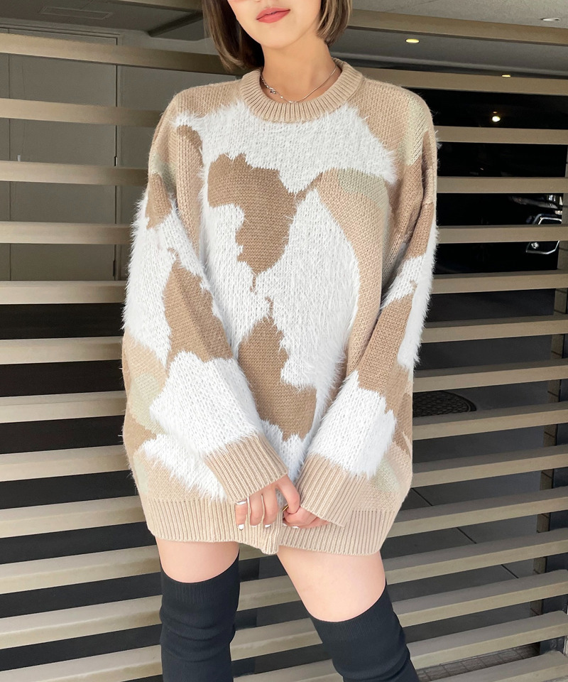 マーブル柄シャギージャガードニット 詳細画像 ベージュ 1